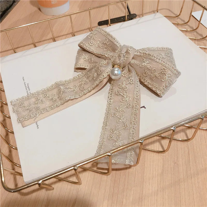 Korean Fabric Big Bow Spring Clip Lady Lace