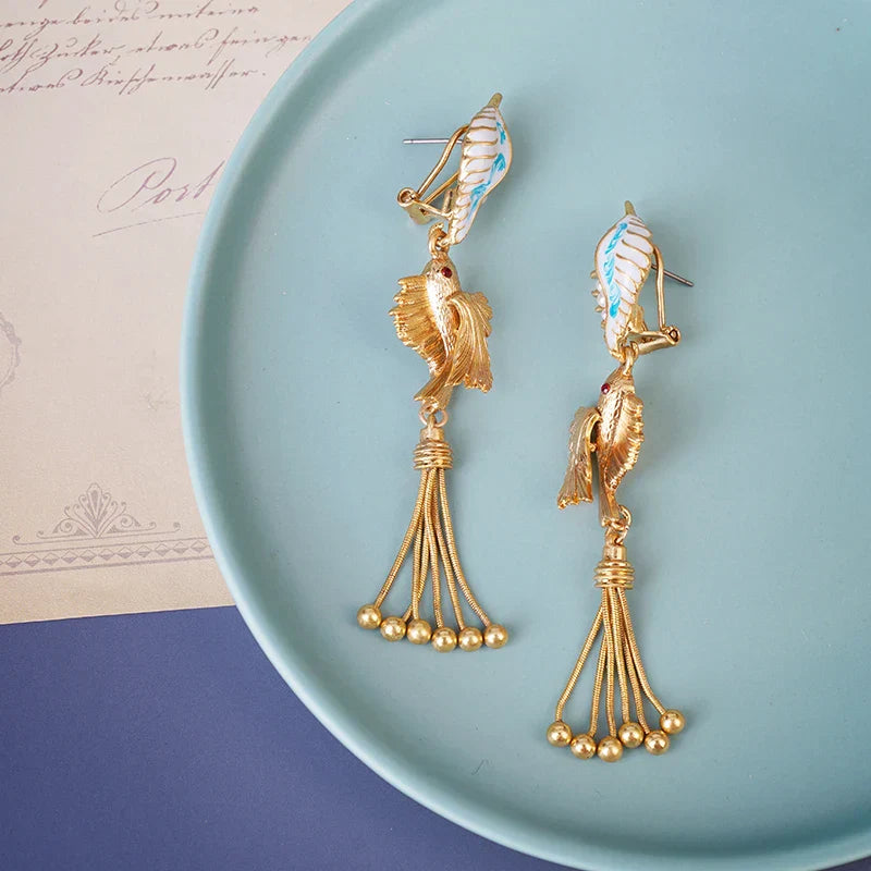 Vintage Leaves Earrings Heavy Metal Gold Studs Tassel