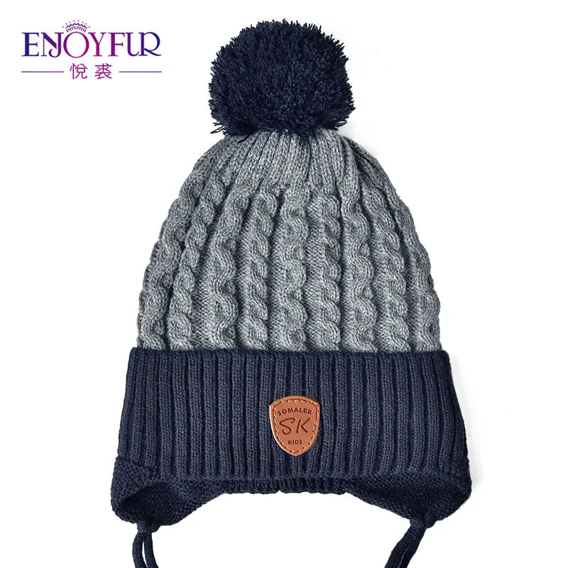 ENJOYFUR Warm Winter Baby Knitted Hats Real Fur