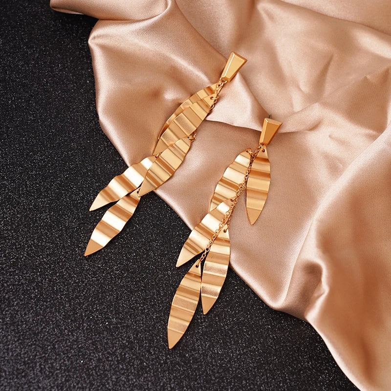 Vintage Leaves Earrings Heavy Metal Gold Studs Tassel