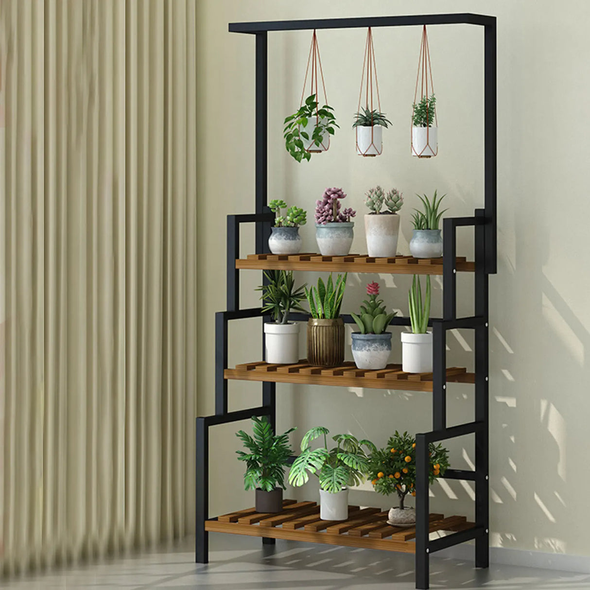 3 Tier Black Plant Stand With Hanging Basket