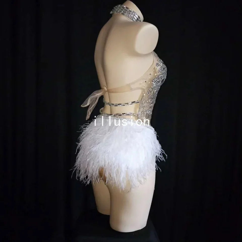 Sparkly Silver Crystals Mesh Bodysuit Women Feather Leotard