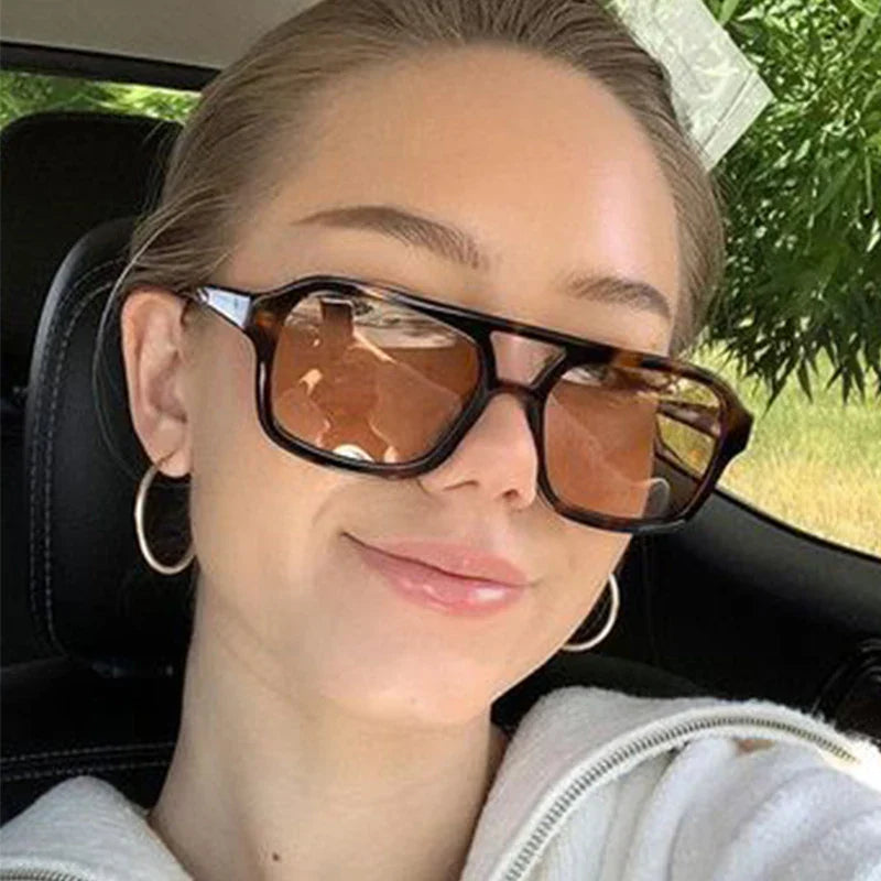 Trendy Pilot Sunglasses Women Vintage Oversized Double Bridge