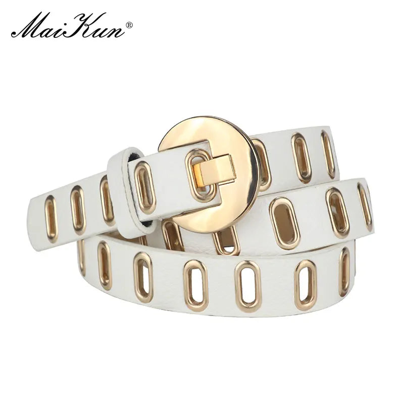 Maikun New Grunge Women Belt Adjustable Hole Grunge Punk Belts for Women Alloy Pin Buckle PU Leather Belt