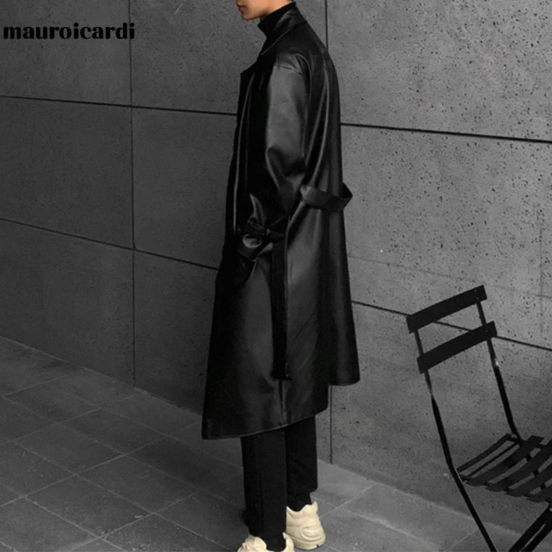 Mauroicardi Spring Autumn Long Black Oversized Faux Leather