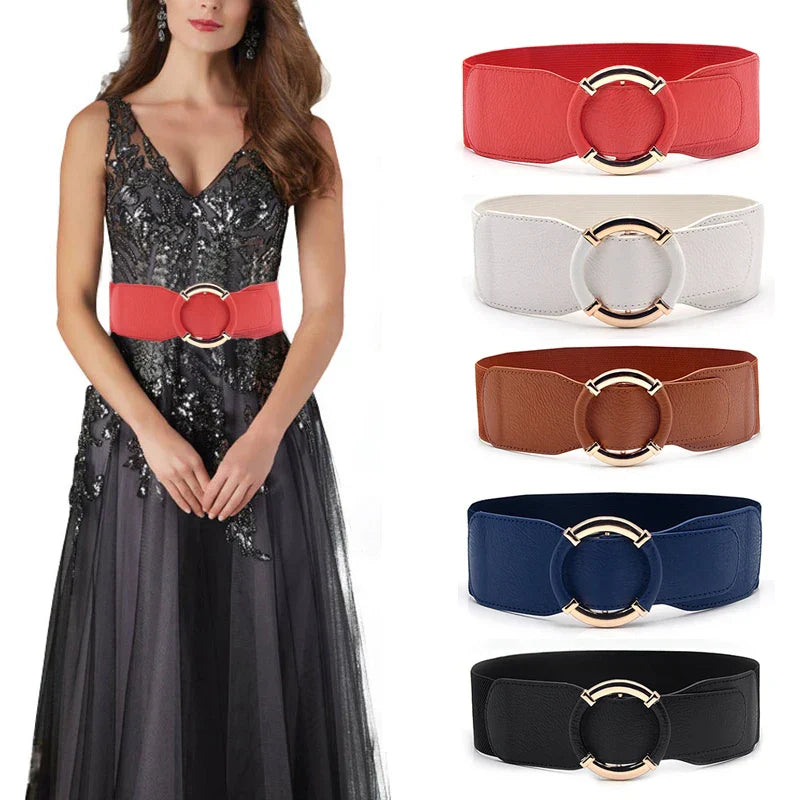 Women Elastic Stretch Waistbands Female Gold Round Buckle