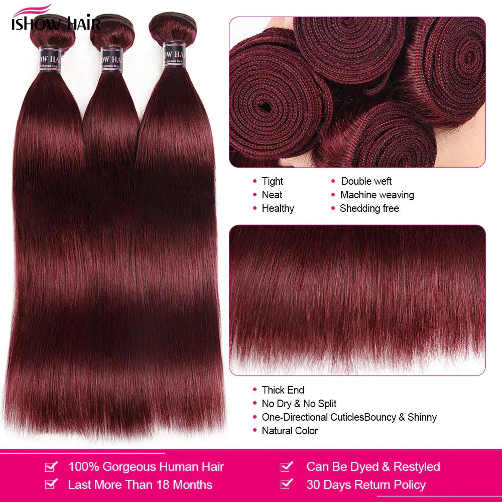 99J Straight Bundles With Closure Burgundy Human Hair
