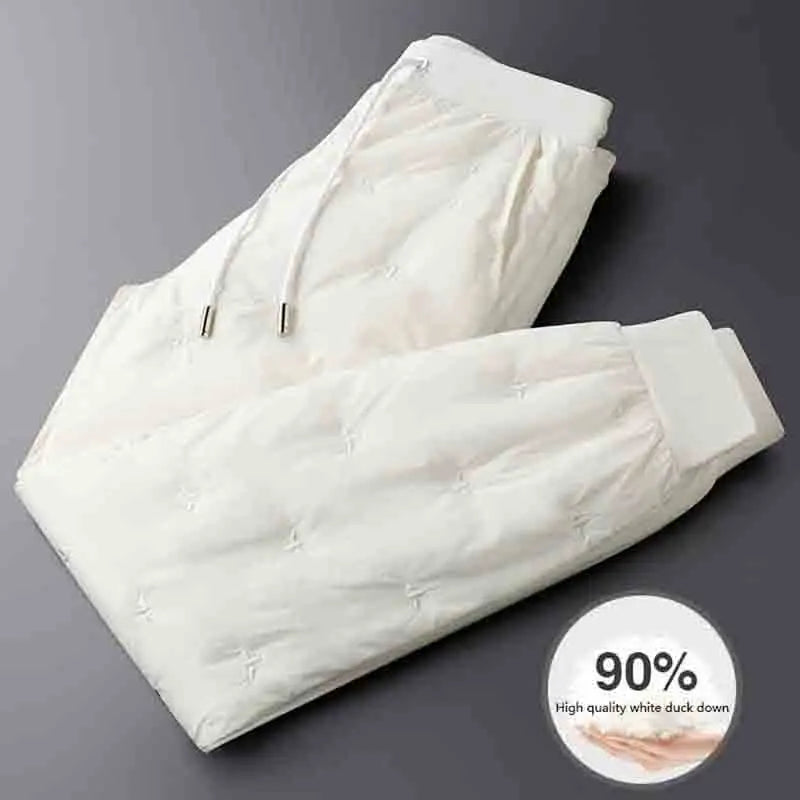 Milky white fashion zipper warm down pants men's