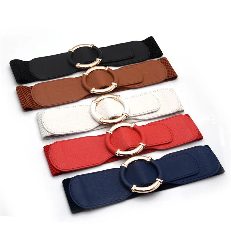 Women Elastic Stretch Waistbands Female Gold Round Buckle