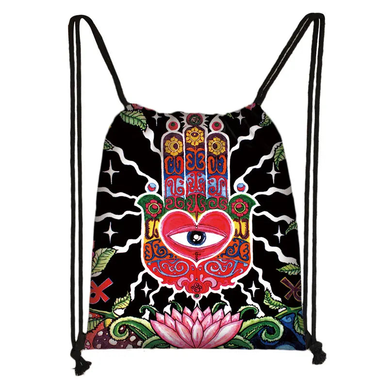 Mandala / Hamsa Fatima Hand/ Buddha Lotus Flower backpack woman Drawstring Bag girls Storage Bag Ladies travel bag