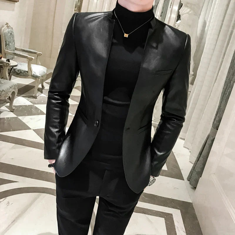 Men Suit Black Slim Fit Blazer Hombre PU