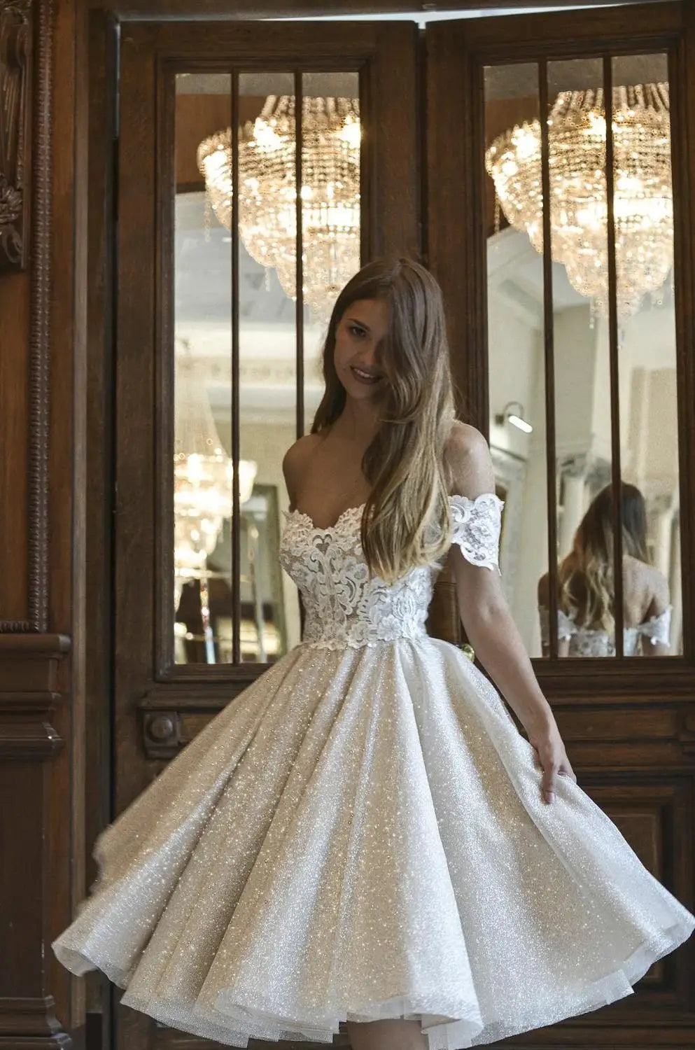 Summer Short Glitter Wedding Dresses Tea-Length Off Shoulder