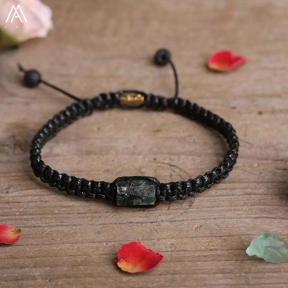 Natural Black Tourmaline Single Beads Woven Adjustable Bracelet