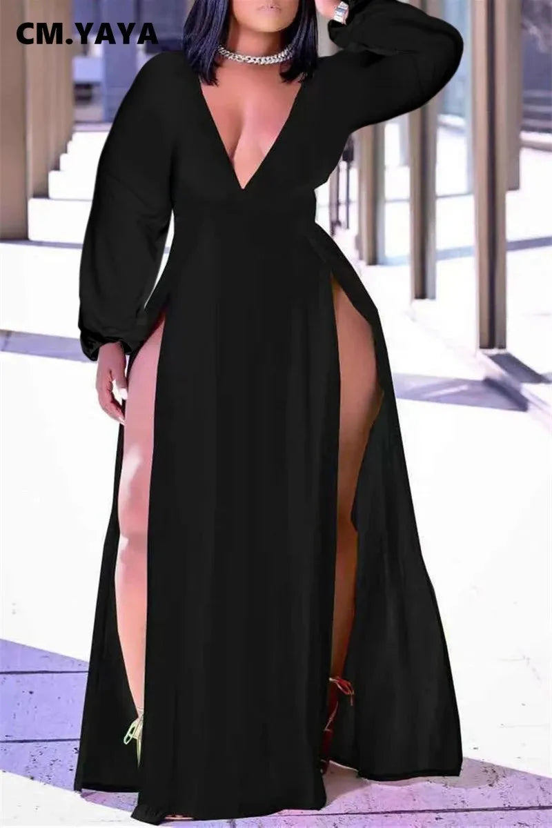 CM.YAYA Women Plus Size Dress Solid Cleavage Splited