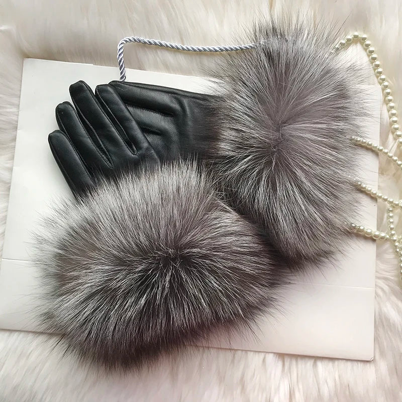 Real Sheepskin Fox Fur Gloves Women's Genuine Leather
