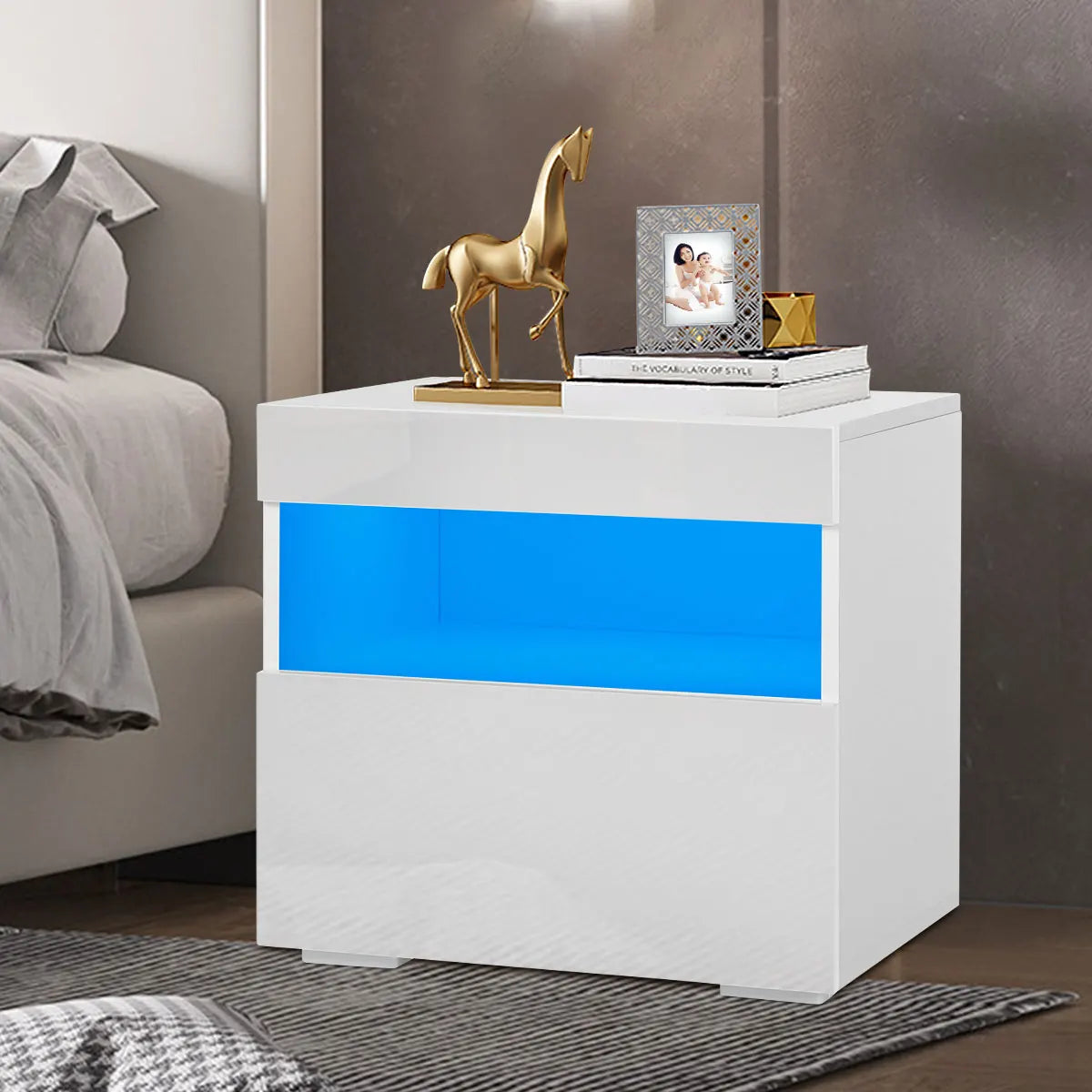 Modern Luxury LED Light Nightstand w/2 Drawers Organizer