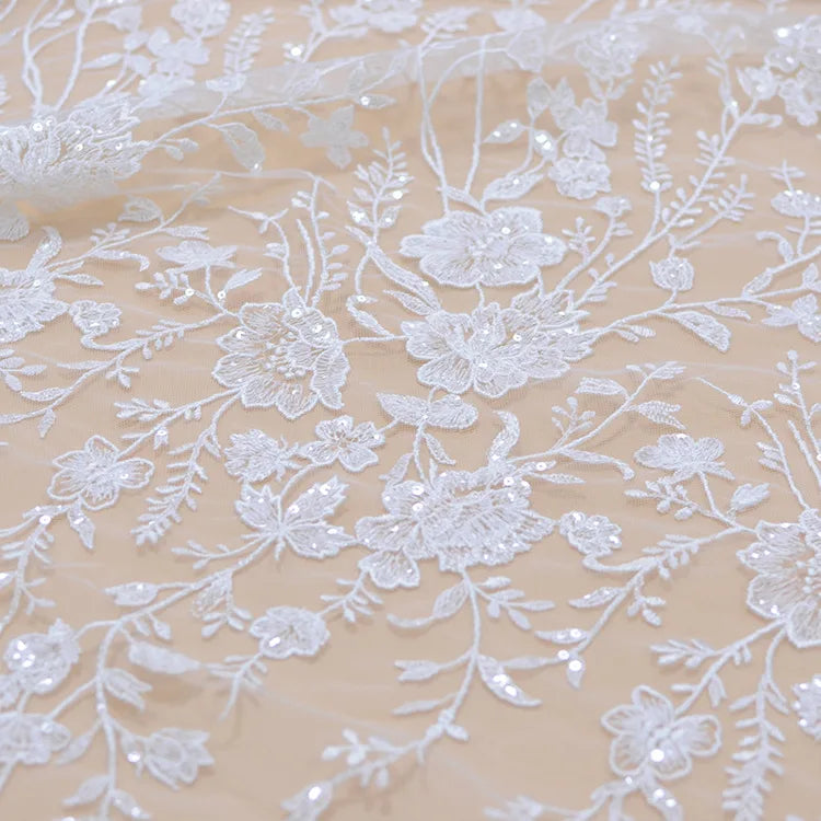 Snow White, Ivory Sequined Tulle Lace Fabric for
