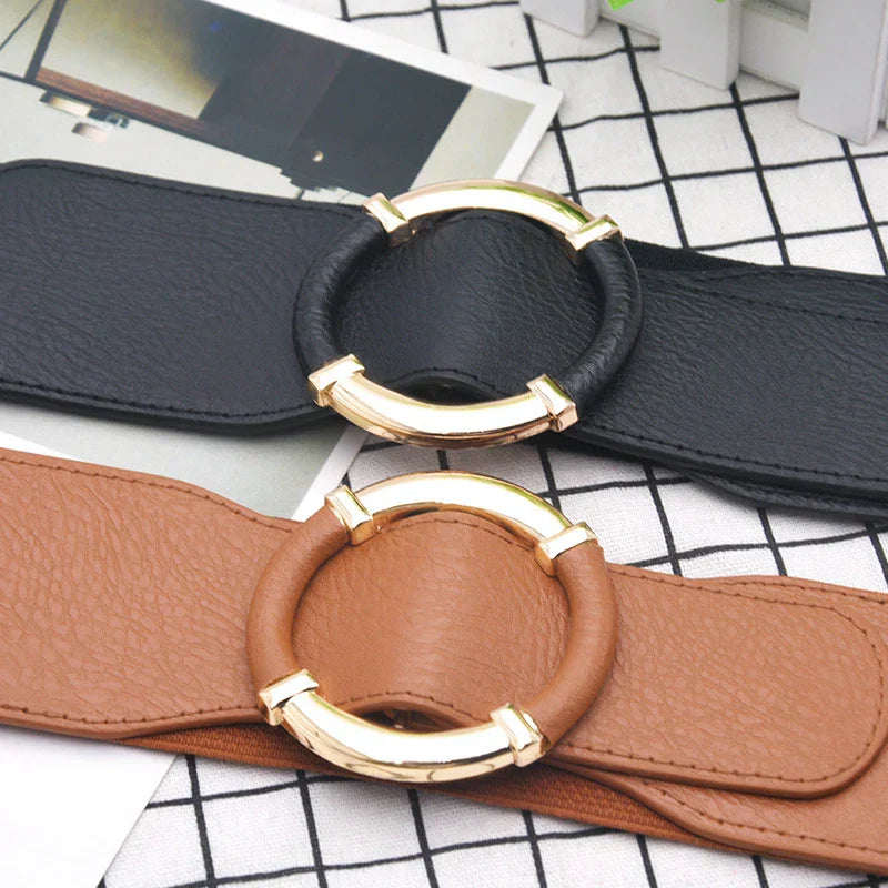 Women Elastic Stretch Waistbands Female Gold Round Buckle