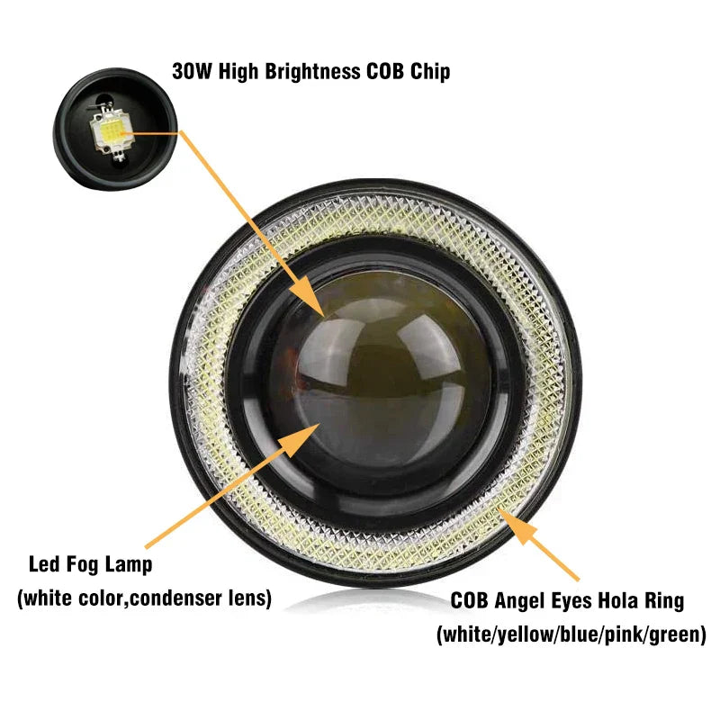 2pcs 3.0" COB LED Angel Eyes Fog Lamp 12V Universal