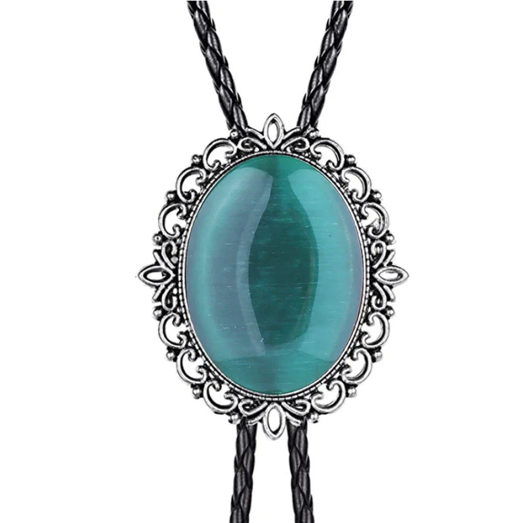 Hollow pattern emerald bolo tie leather cord necklace