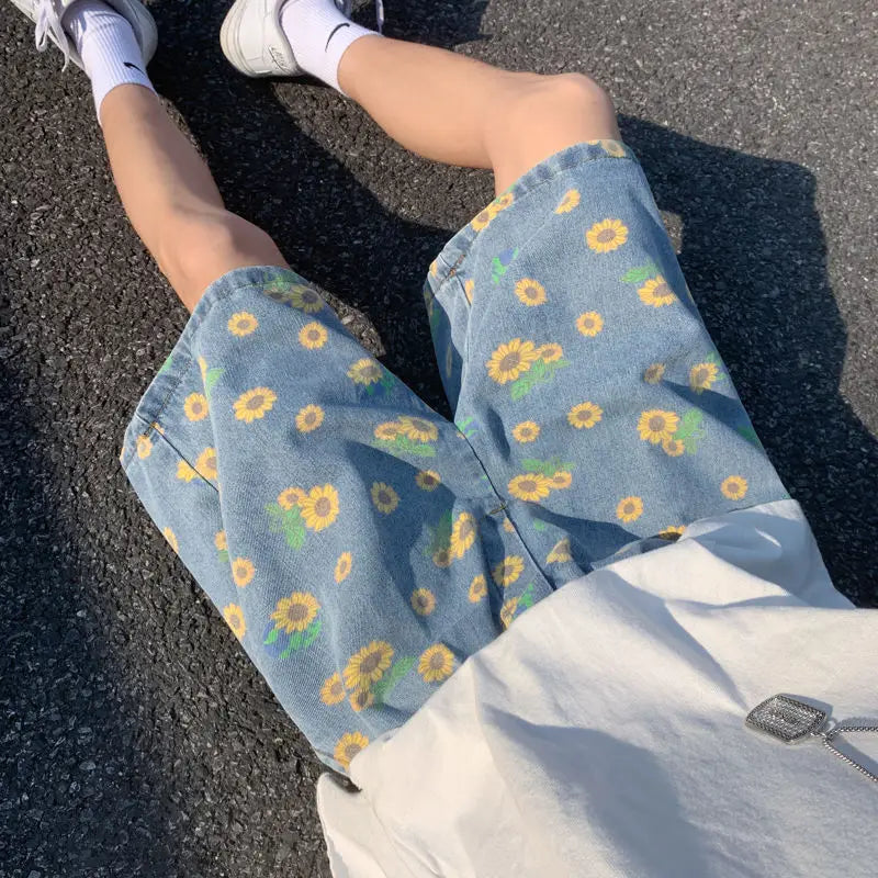 Summer Cotton Denim Shorts Men's Fashion Casual Flowers