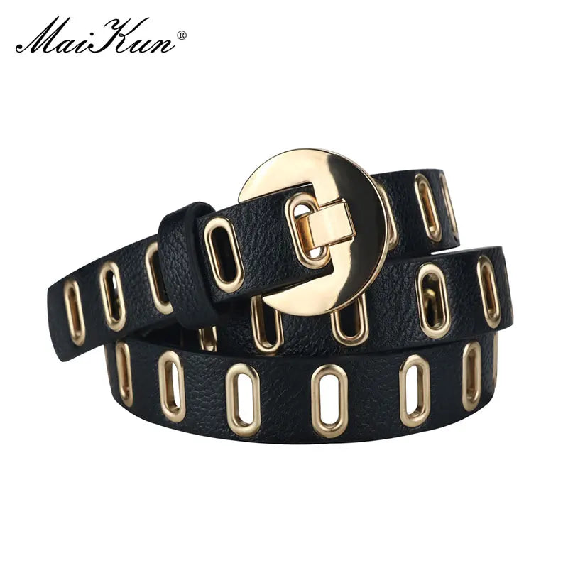 Maikun New Grunge Women Belt Adjustable Hole Grunge Punk Belts for Women Alloy Pin Buckle PU Leather Belt