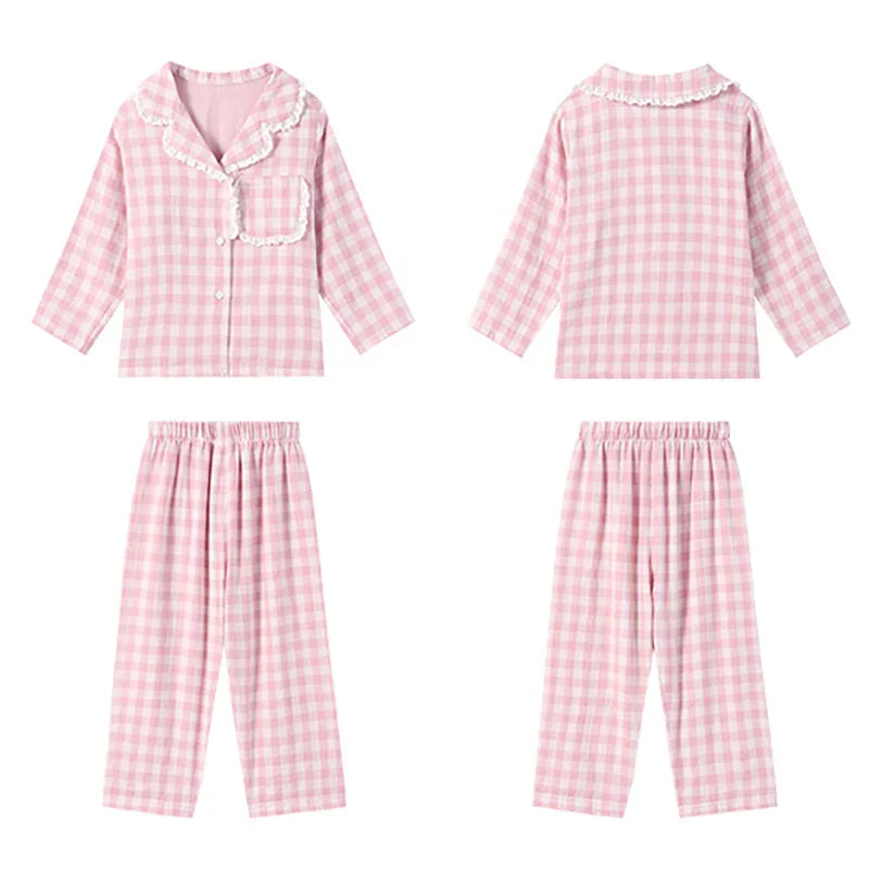 Cute Kid Girl's Turndown Collar Pink Plaid Pajama Sets.Vintage Toddler Kid‘s Pyjamas Set Sleep Loungewear.Children’s Clothing