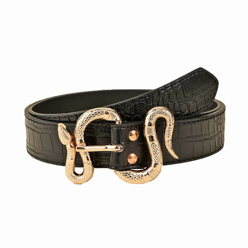 Fashion Women's PU Imitation Crocodile Leather Belt Metal