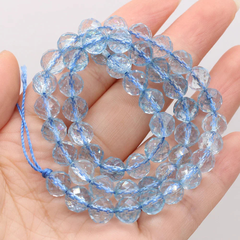 Natural Stone Beads Round Shape Faceted Blue Topaz