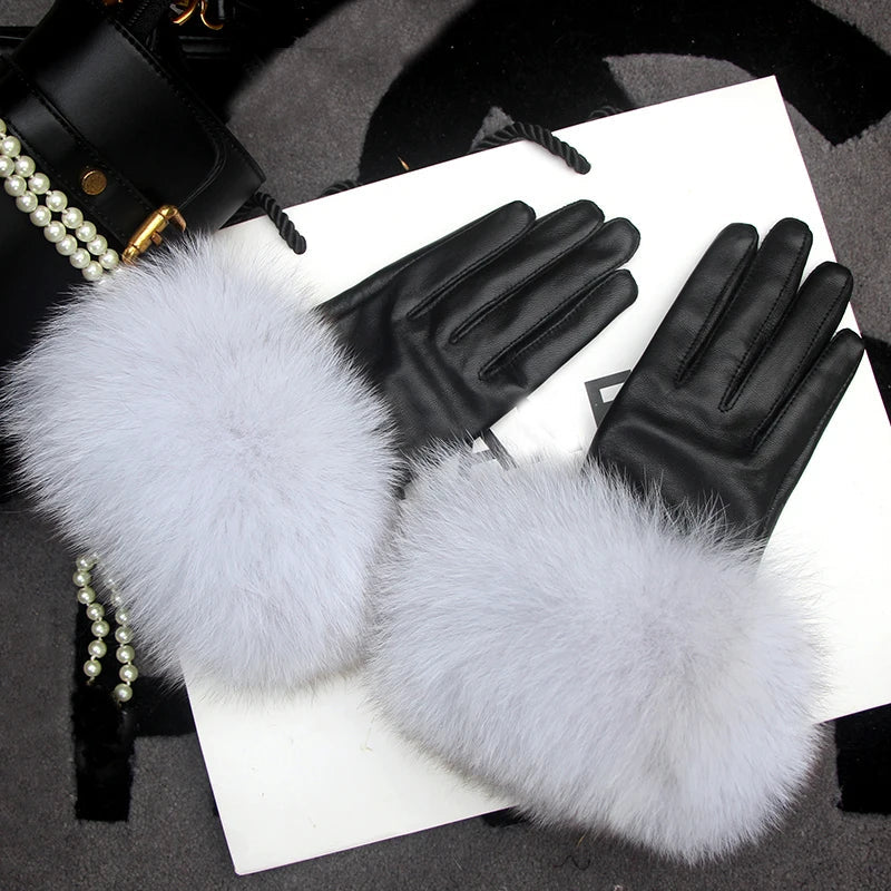 Real Sheepskin Fox Fur Gloves Women's Genuine Leather