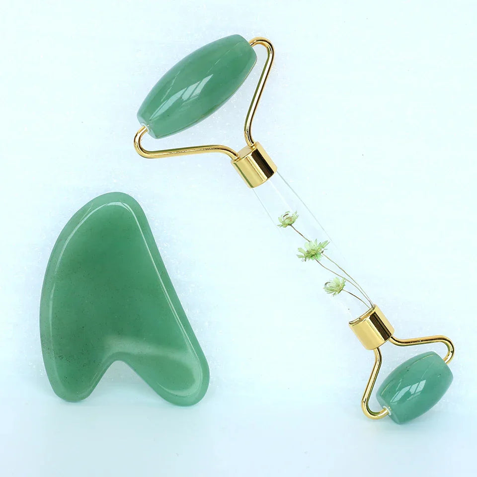 Natural Green Jade Roller Gua Sha Set Facial