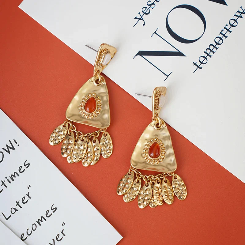 Vintage Leaves Earrings Heavy Metal Gold Studs Tassel