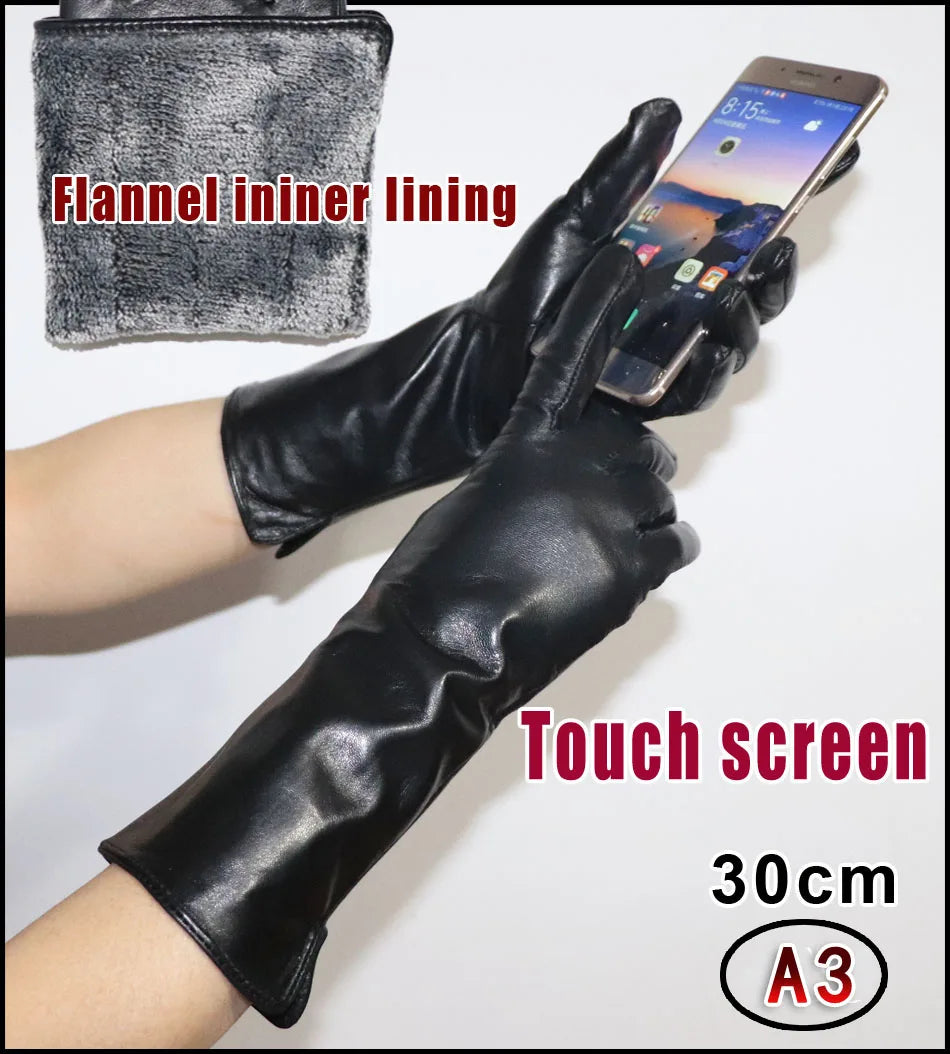 Leather Gloves Women's Sheepskin Mid-length Plus Velvet Thickened