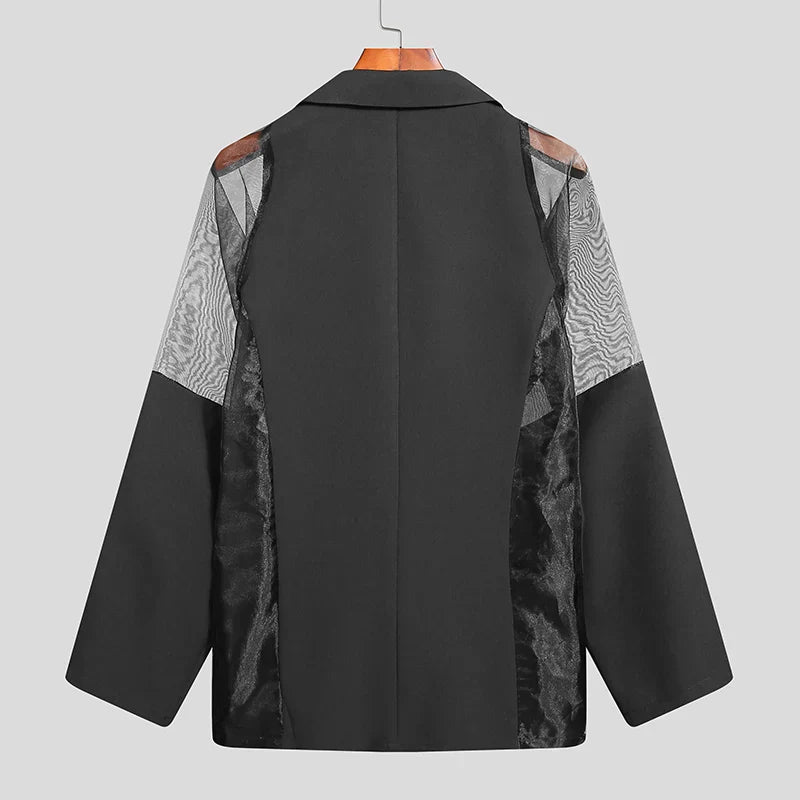 Men Blazer Mesh Patchwork See Through Streetwear Double