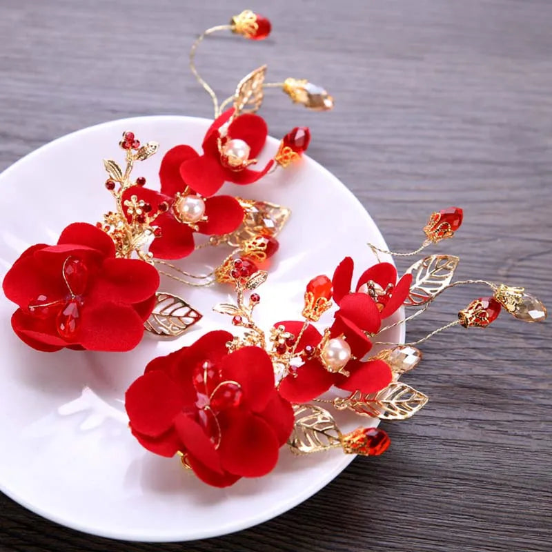New Fashion Chinese Red Flower Simulated Pearl Crystal