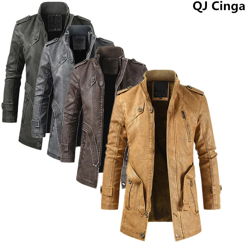 Winter Men's Thick Fleece Leather Jacket Coat Long