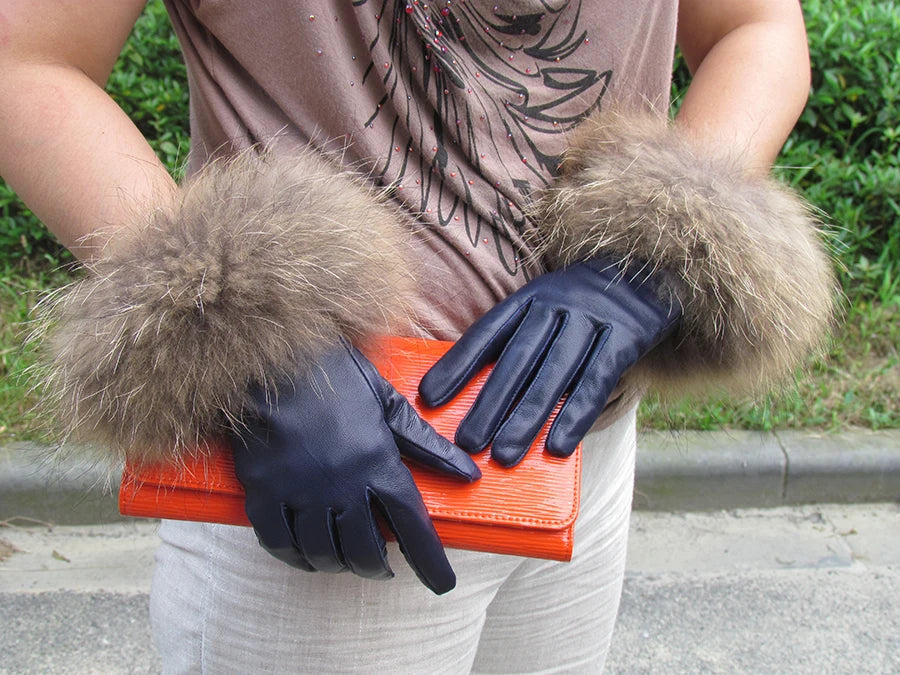 Real Sheepskin Fox Fur Gloves Women's Genuine Leather