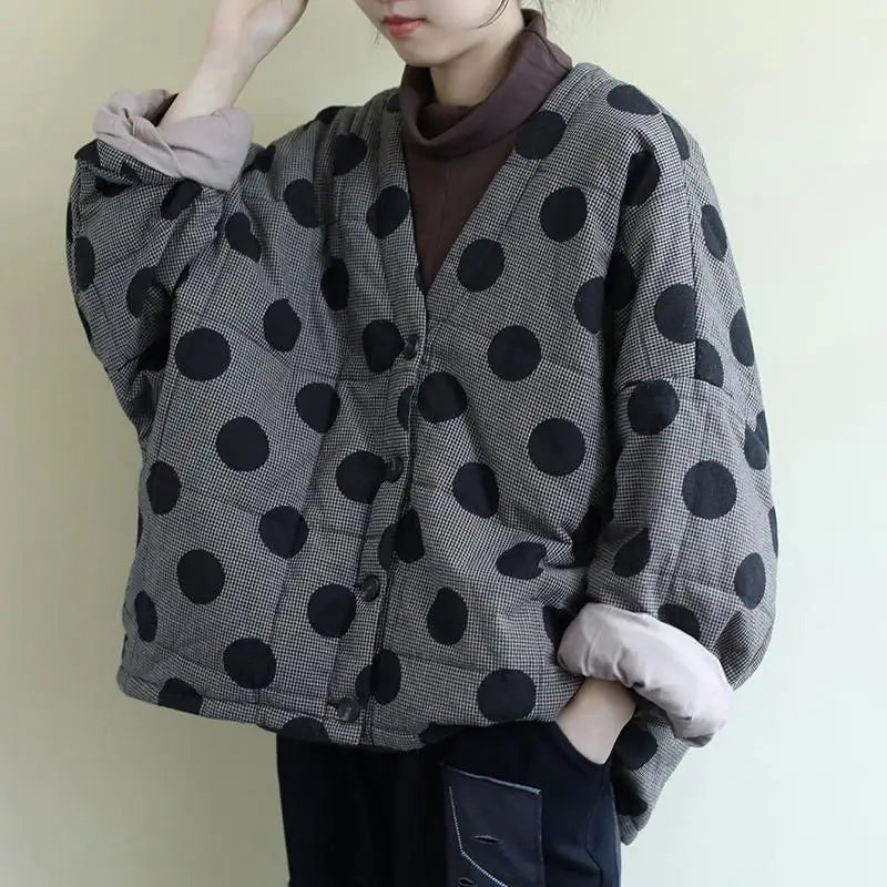 Johnature Women Polka Dot Parkas V-Neck Bat Sleeve