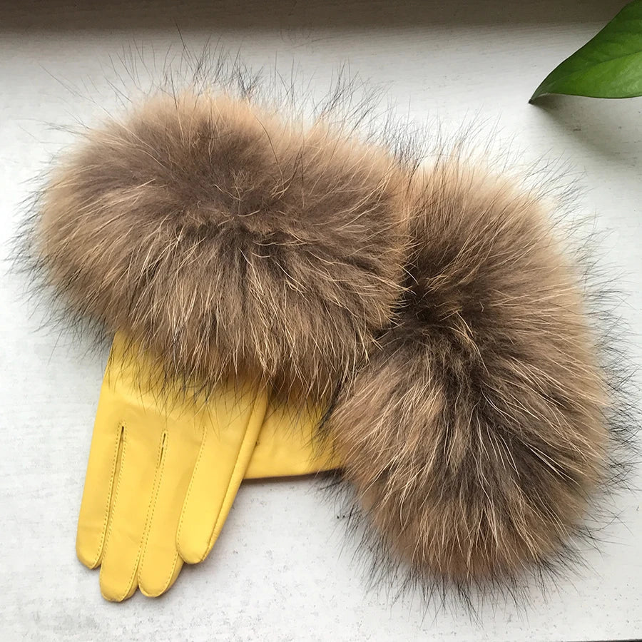 Real Sheepskin Fox Fur Gloves Women's Genuine Leather