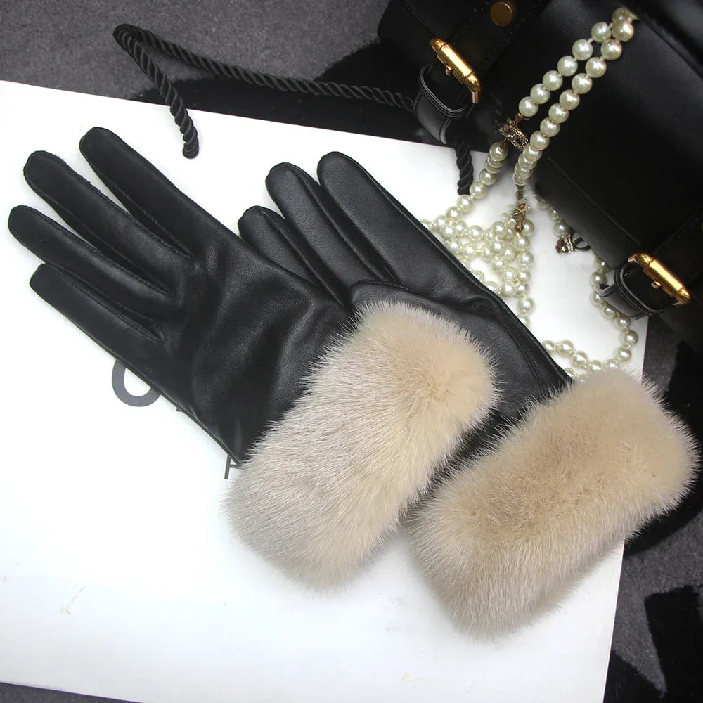 Real Sheepskin Fox Fur Gloves Women's Genuine Leather