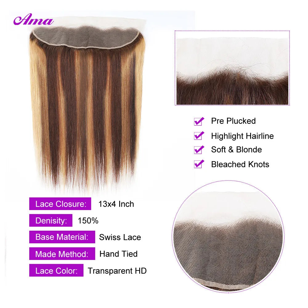 Highlight Bundles With Frontal 13x4 4x4 Inch Straight