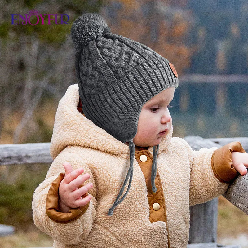 ENJOYFUR Warm Winter Baby Knitted Hats Real Fur
