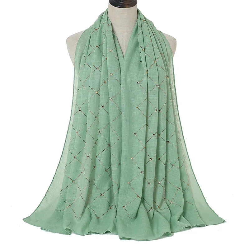 Fashion Plain Cotton Scarf Muslim Hijab Shiny Diamond