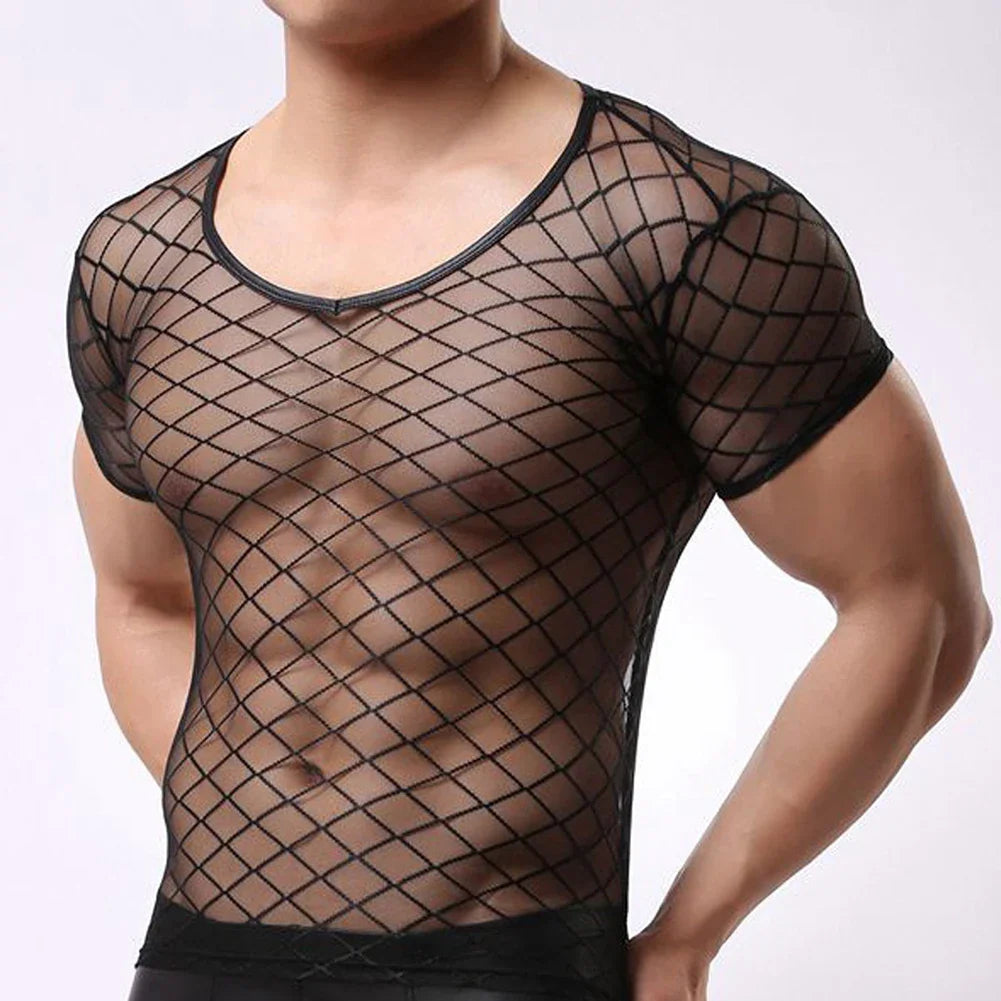 Night Club Sexy Men Short Sleeve Mesh TShirt