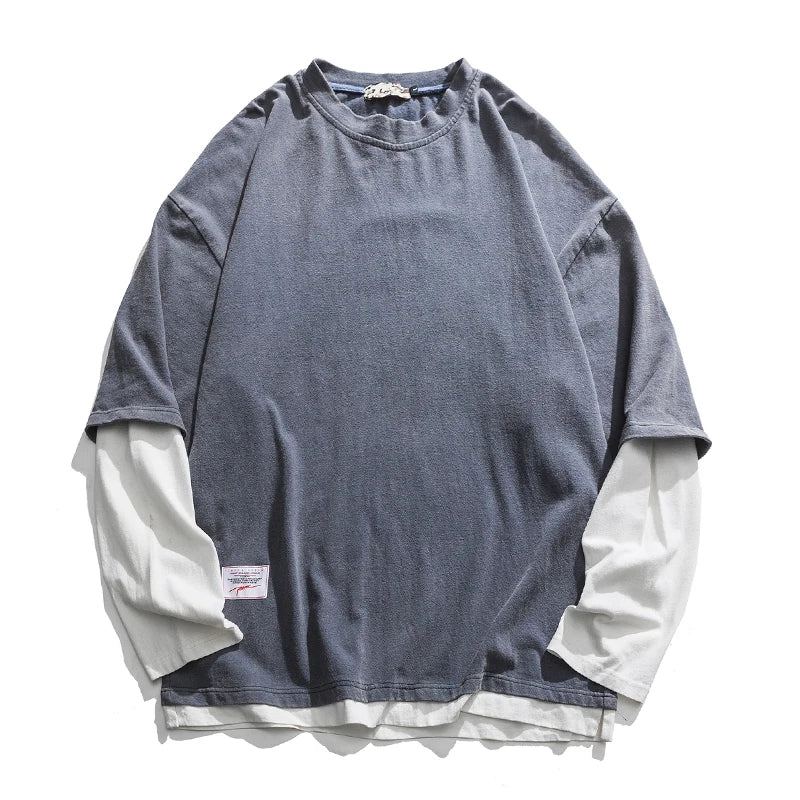 Japanese Streetwear Fake Two Sweatshirts Fashion Round Neck