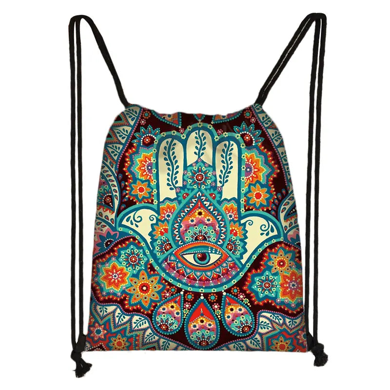 Mandala / Hamsa Fatima Hand/ Buddha Lotus Flower backpack woman Drawstring Bag girls Storage Bag Ladies travel bag