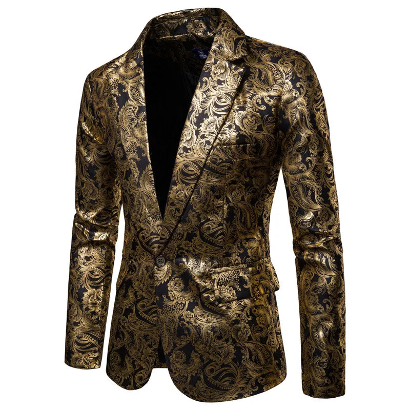 Men's Golden Floral Blazers Business Casual Suit Wedding