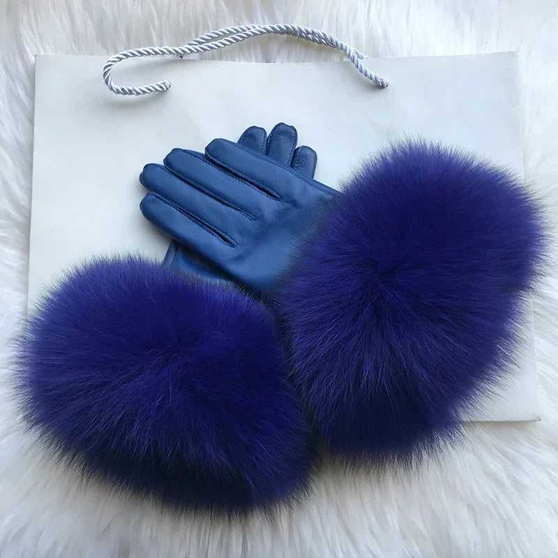 Real Sheepskin Fox Fur Gloves Women's Genuine Leather
