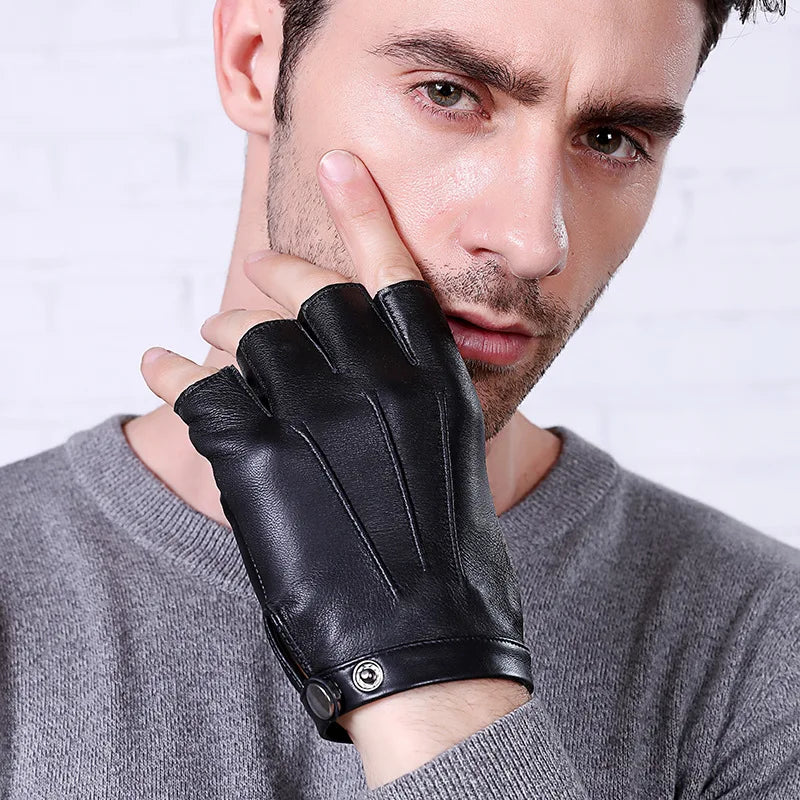 Men Women Genuine Leather Gloves Lovers Fingerless Mittens