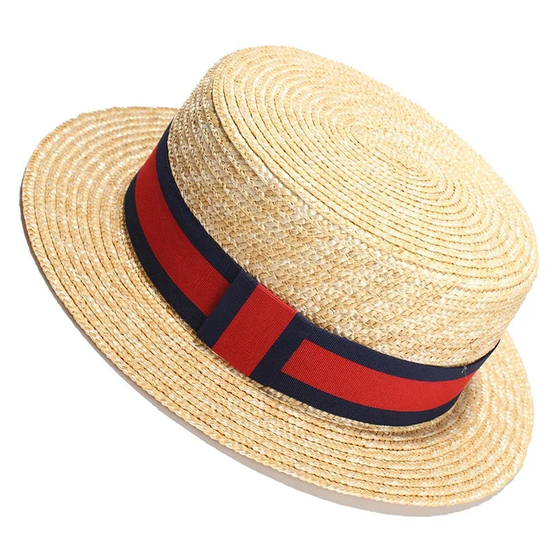 RH Natural Wheat Straw Boater Fedora Top Flat